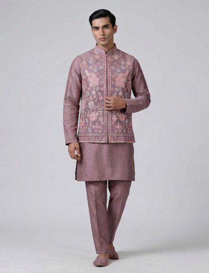 Purple silk embellished festive waistcoat set