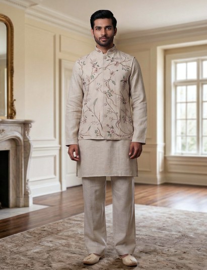 Cream cotton linen embroidered classic festive waistcoat set