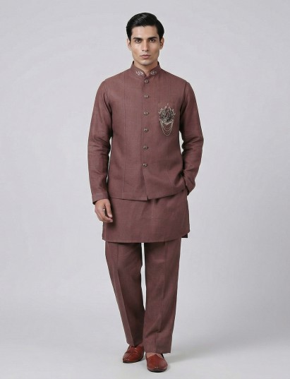 Brown cotton linen heavily embellished waistcoat set