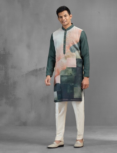 Bottle green printed cotton linen festive kurta