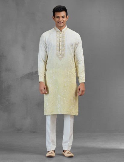 White silk embellished festive kurta suit
