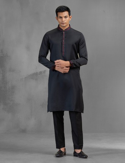 Black soft silk minimal threadwork elegant kurta suit