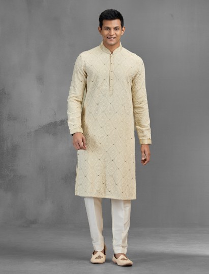 Cream dupion georgette chinon chikankari festive kurta pajama