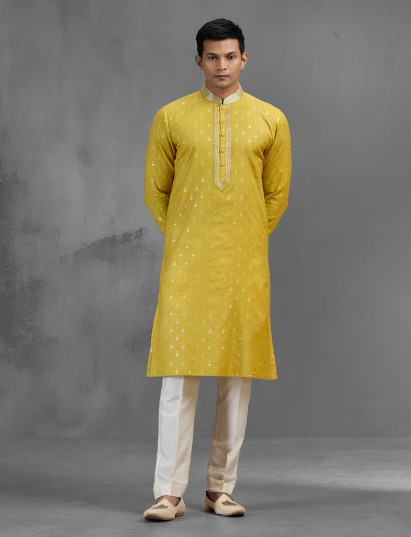 Yellow chanderi silk resham festive kurta suit