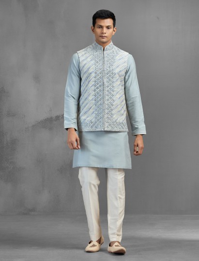 Blue silk floral jaal embroidered festive waistcoat set