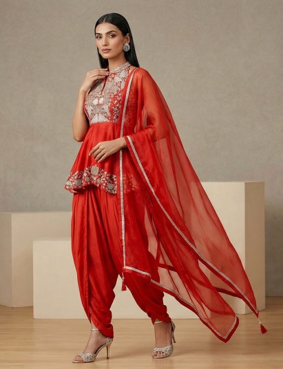 Rust orange designer silk dhoti suit with embellished dupatta