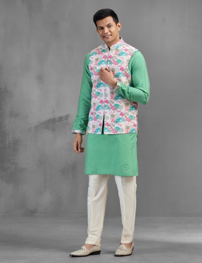 Green silk floral printed zardosi wedding wear waistcoat set