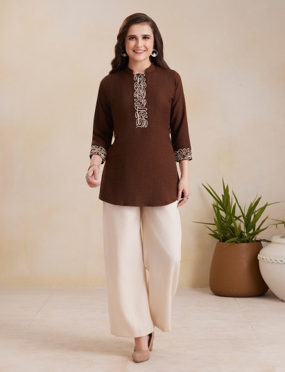 Brown silk stand collar co ord set elegance