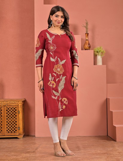 Maroon silk embroidered sweetheart neck casual kurti