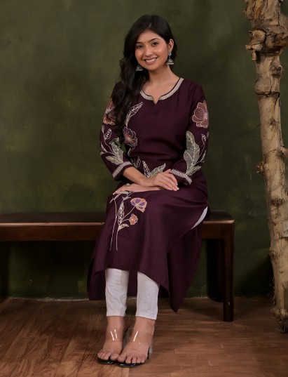 Purple silk embroidered sweetheart neck casual kurti