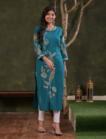 Aqua blue silk embroidered sweetheart casual kurti
