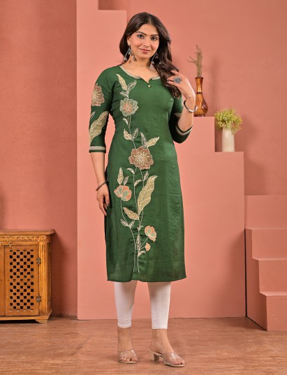 Green silk embroidered sweetheart neck casual kurti