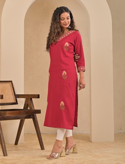 Maroon silk embroidered v neck casual kurti