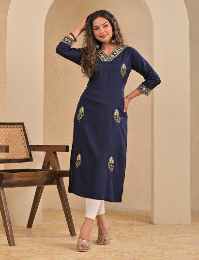 Navy silk embroidered v neck casual kurti
