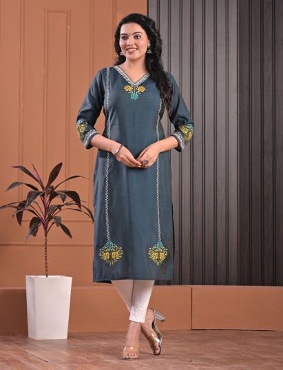 Grey silk embroidered v neck casual kurti