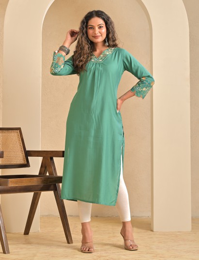 Light green silk embroidered v neck casual kurti