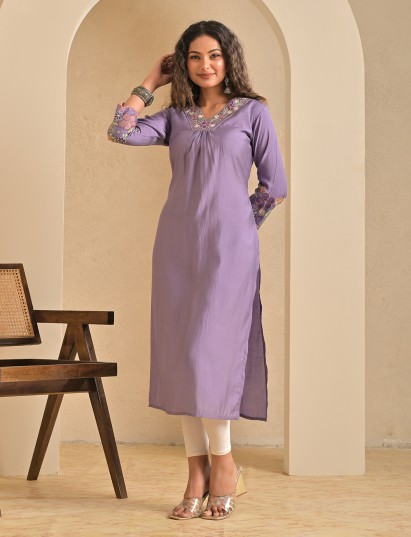 Lilac purple silk embroidered v neck casual kurti