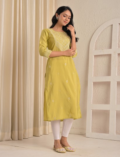 Mehendi yellow silk embroidered sequins yoke style kurti
