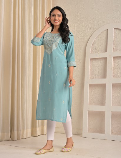 Mint blue silk embroidered sequins yoke style kurti