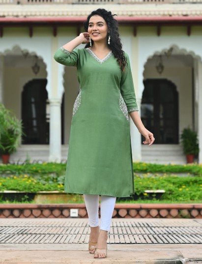 Pista green silk embroidered v neck casual kurti