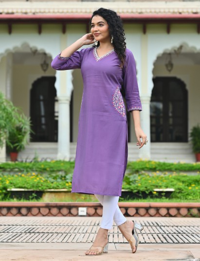Lavender purple silk embroidered v neck casual kurti