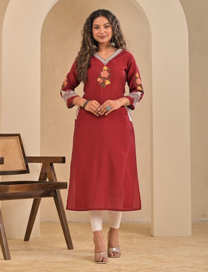 Maroon silk embroidered v neck casual kurti for women