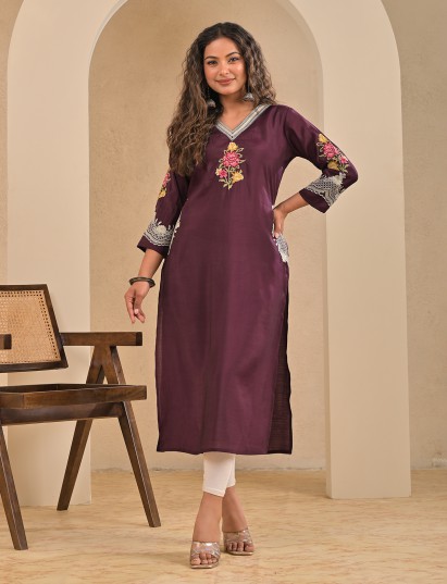 Wine silk embroidered v neck casual kurti