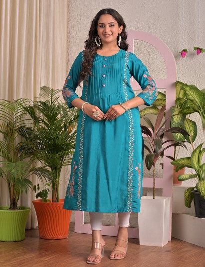 Aqua blue silk embroidered round neck casual kurti