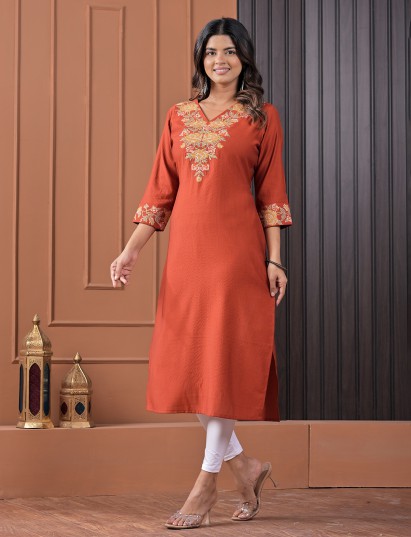 Rust orange silk embroidered v neck casual kurti for women