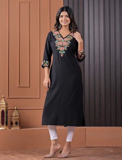 Black silk embroidered v neck casual kurti