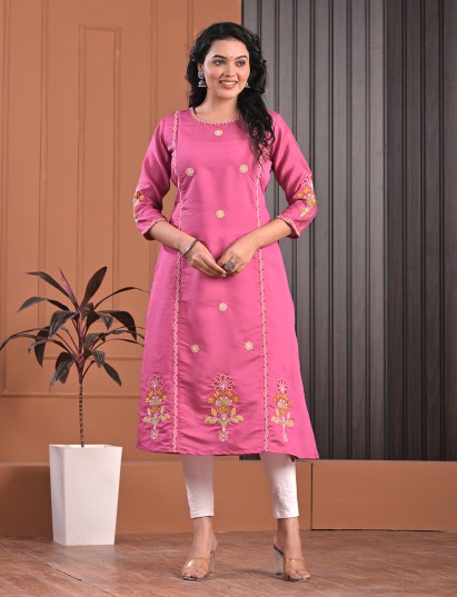 Pink silk embroidered round neck casual kurti