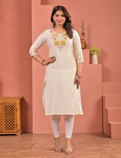 Off white silk embroidered round neck casual kurti