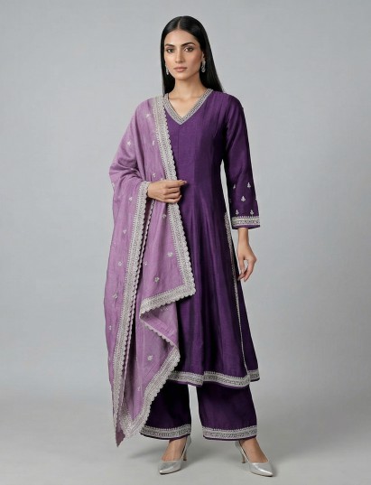 Purple silk anarkali suit festive elegance