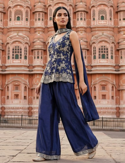 Navy blue silk palazzo suit elegant festive style
