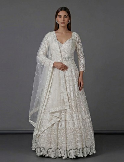 White net anarkali suit with intricate zardosi elegance