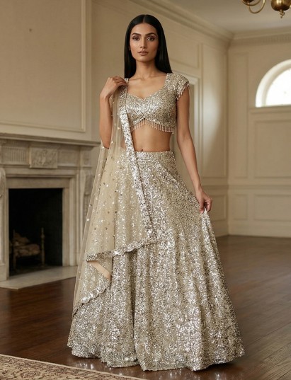 Beige net embellished sweetheart neck lehenga choli