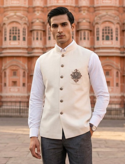 Cream cotton silk patch work waistcoat