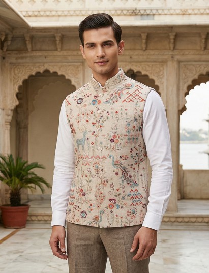 Beige embroidery jute waistcoat