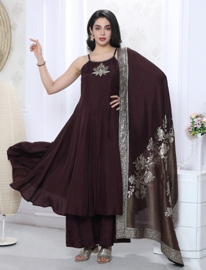 Wine satin silk festive kurti palazzo set with zari dupatta