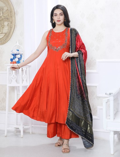 Bright orange satin silk festive yoke style kurti palazzo set