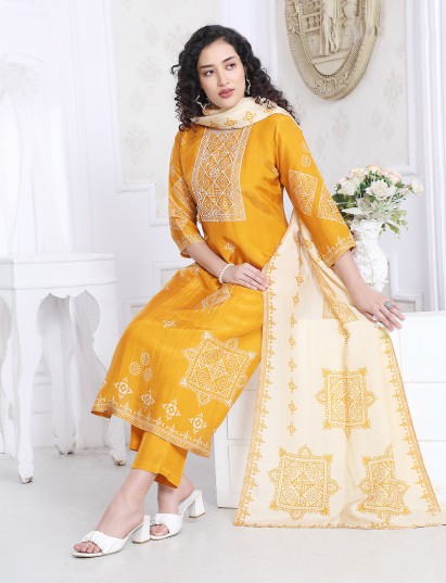 Yellow silk festive yoke style kurti set with dupatta