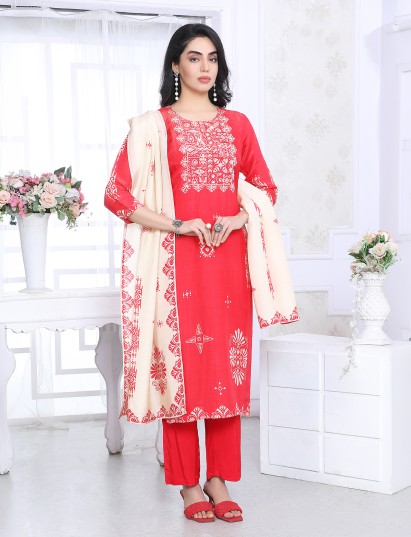 Reddish pink silk printed yoke style festive kurti set