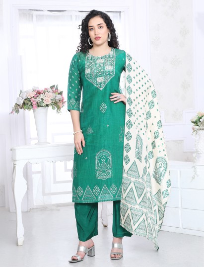 Green silk printed yoke style festive kurti set