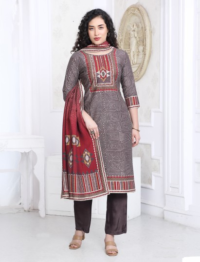 Brown silk printed yoke style festive kurti set