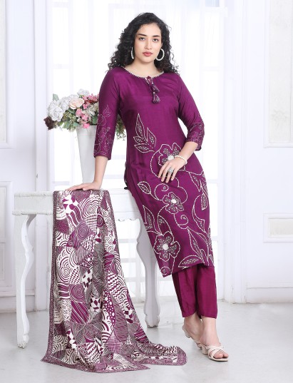Wine silk printed festive kurti set with dupatta