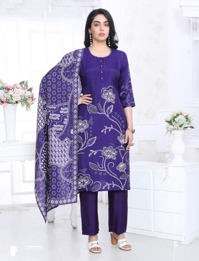 Purple silk printed festive kurti set with dupatta