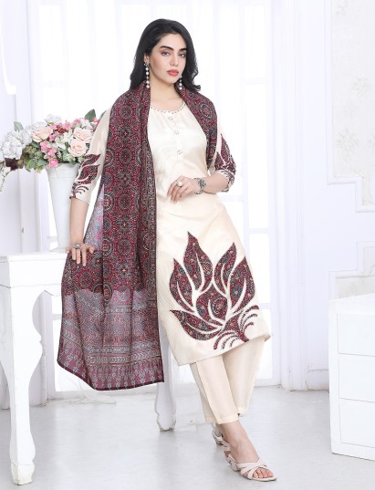 Off white silk printed festive kurti set for women festive wear