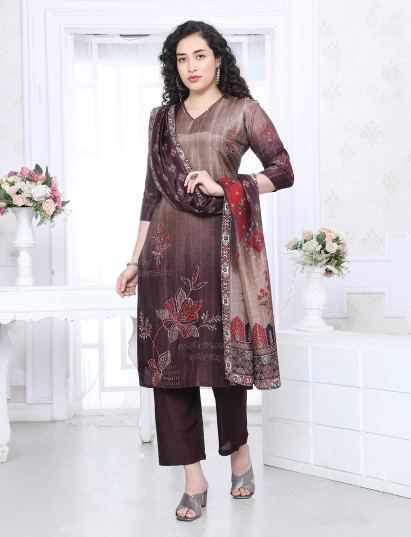 Brown shaded silk printed festive kurti set