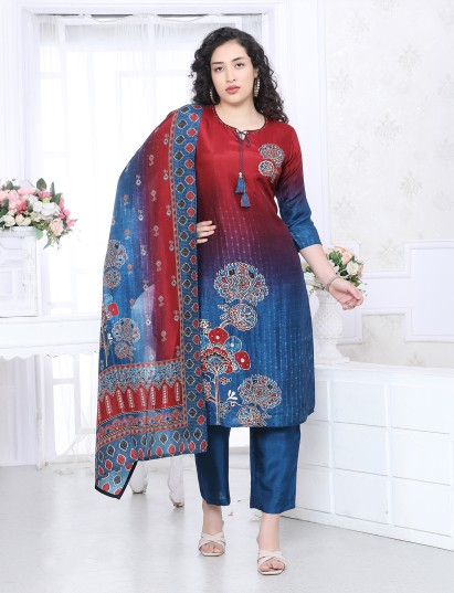 Blue red shaded silk festive kurti set with dupatta