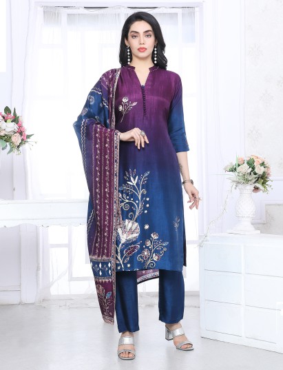 Blue purple shaded silk festive stand collar kurti set